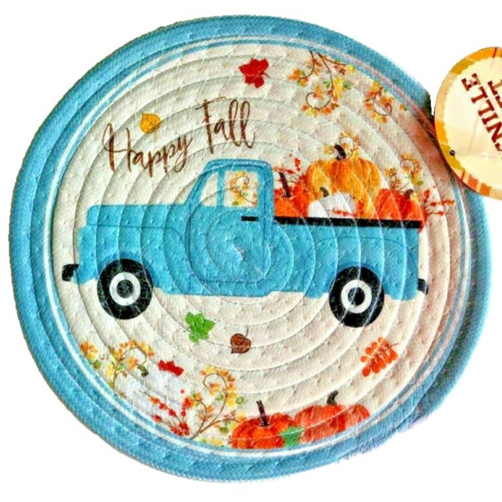 Thanksgiving Blue Farm Truck Braided Trivet Hot Pad Chenille Pumpkins 9" Rd